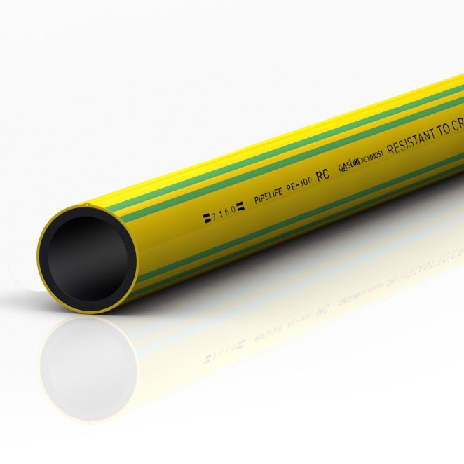 PE 100 RC gas pipe yellow color with green lines
